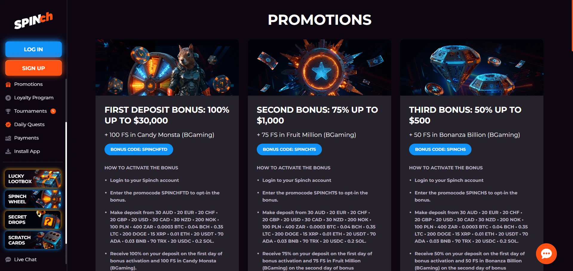 Spinch bonus page with the welcome pack details