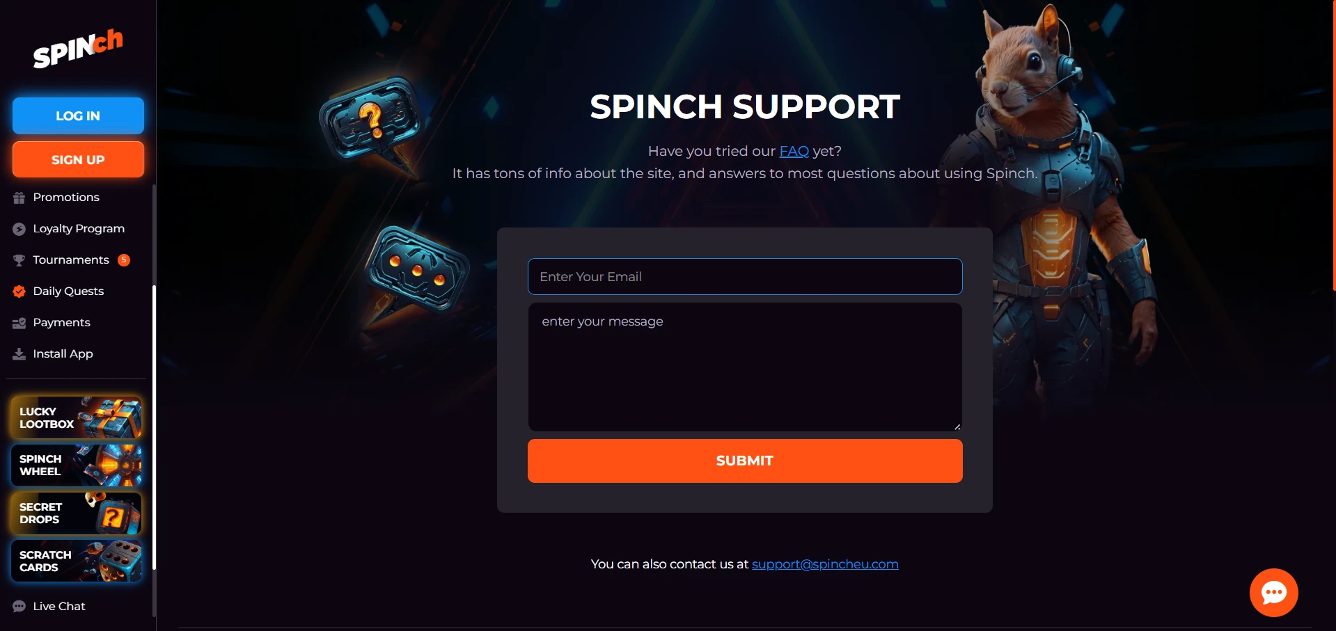 Spinch live chat support window