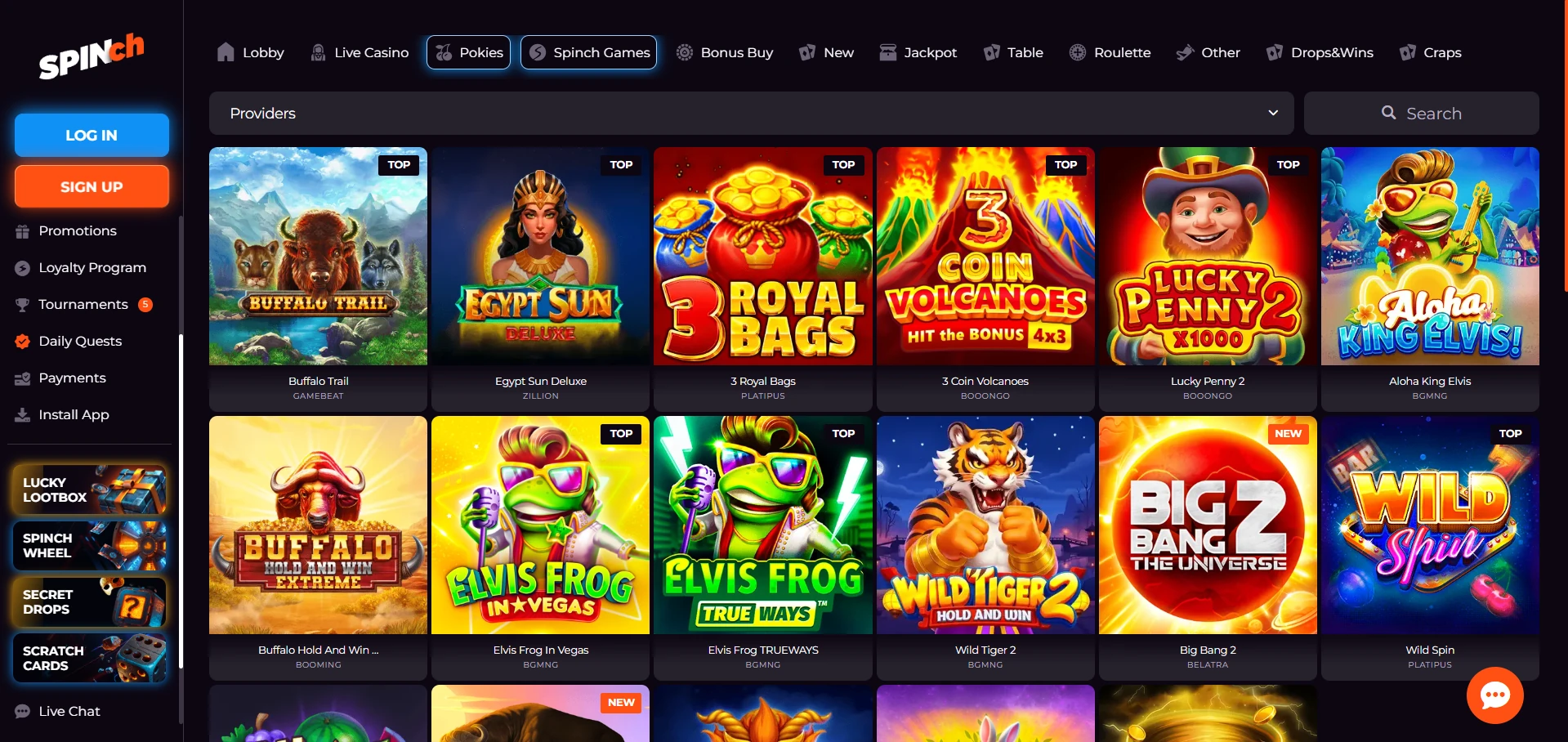 Category tabs and game thumbnails in the Spinch lobby