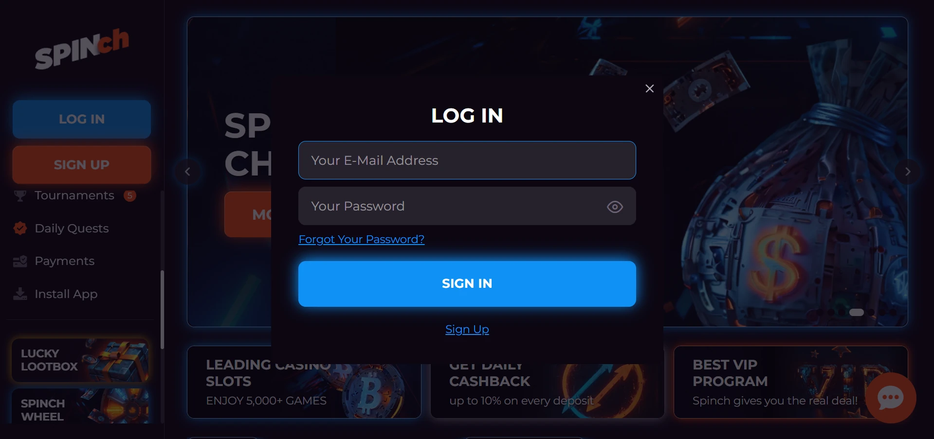 Spinch login form with email and password fields