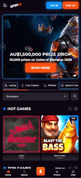 Spinch mobile site showing the game lobby on a phone